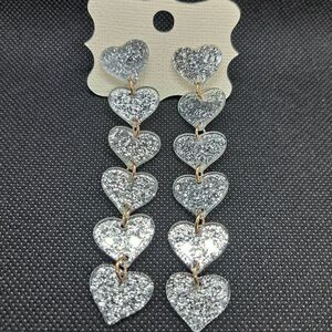 Acrylic Silver Sparkle Heart Dangle Earrings